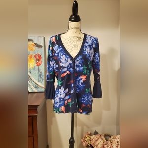 NWOT ISAACMIZRAH  Women Blue Floral  Print, Cardigan Sweter 3/4 Sleeve Size S.